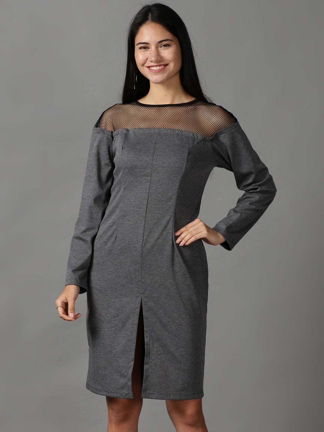 Women's Grey Self Design Flared Sleeves Bodycon Dress