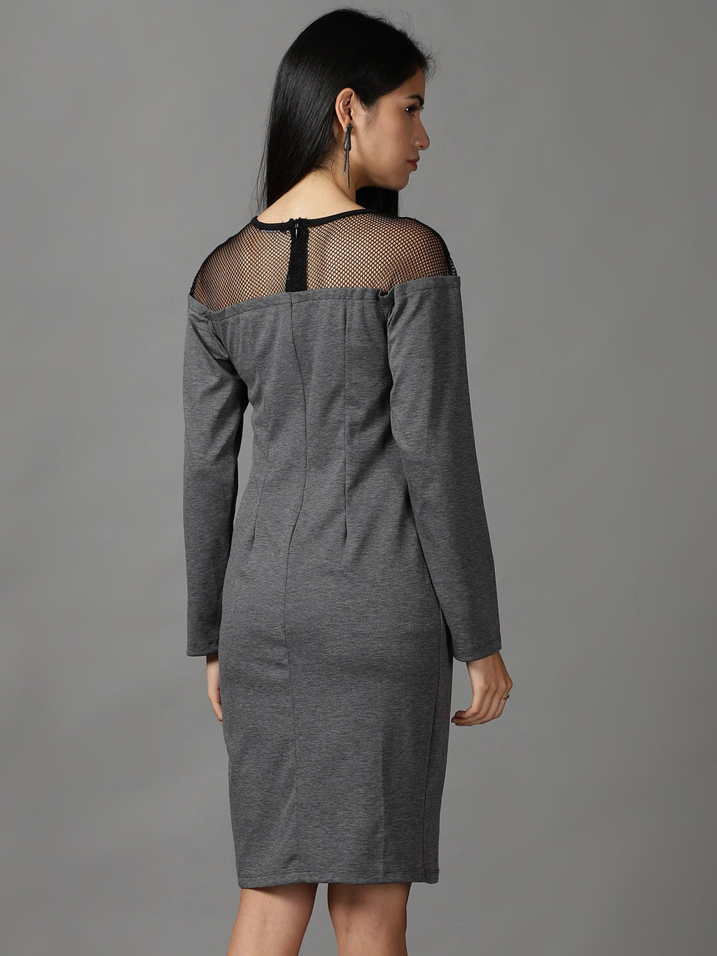 Women's Grey Self Design Flared Sleeves Bodycon Dress