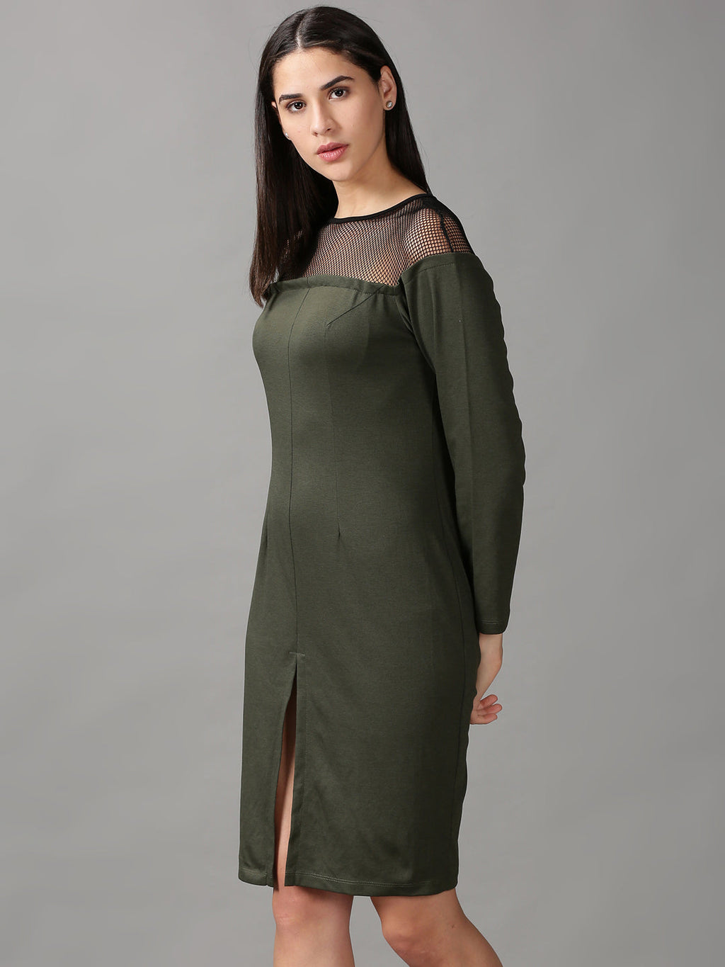 Women's Olive Solid Fit & Flare Dress