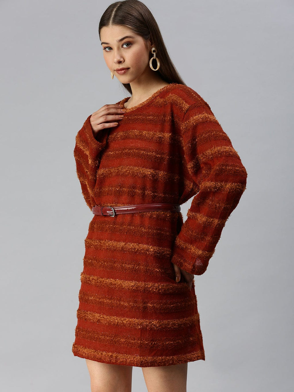 Women's Self Design T-shirt Rust Dress