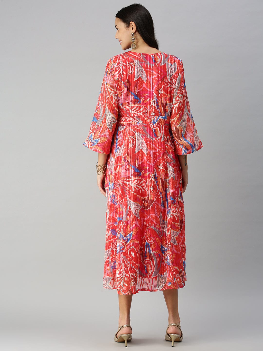 Women's V-Neck Printed Red A-Line Kurta