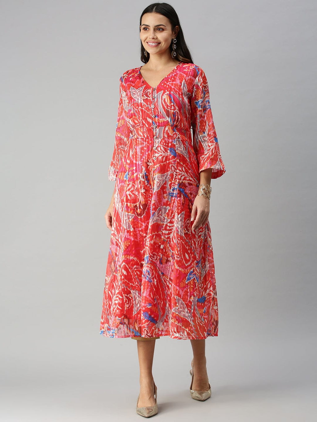 Women's V-Neck Printed Red A-Line Kurta