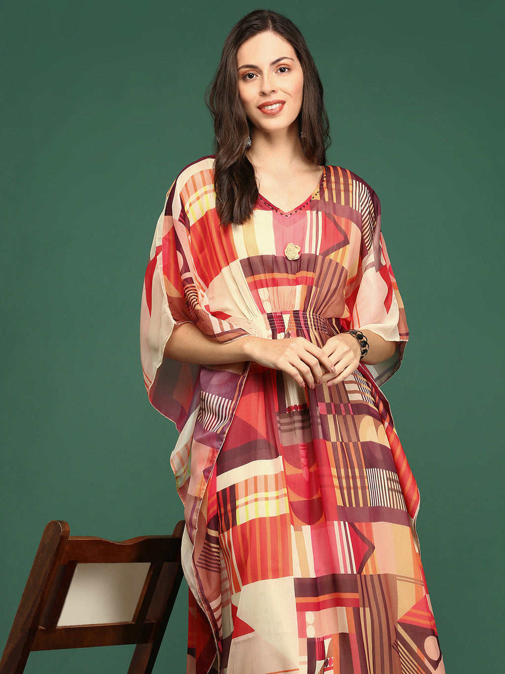 Women's V-Neck Abstract Multi Kaftan Kurta