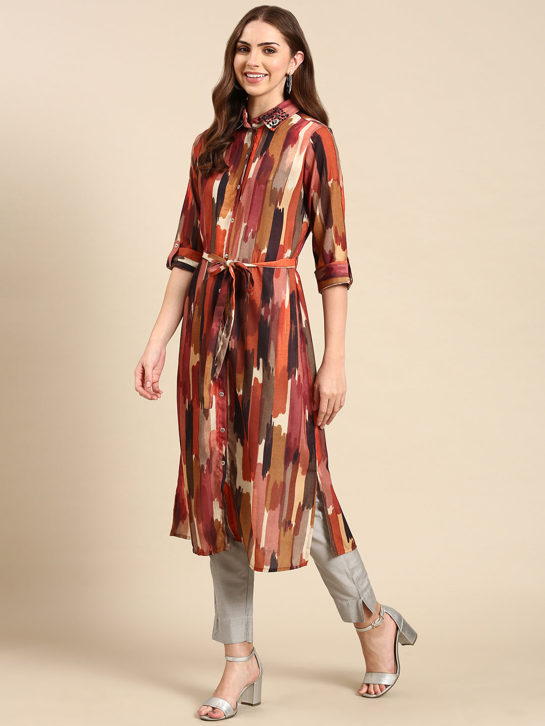 Women's Multi Shirt Collar Abstract Printed Bead Work Straight Kurta