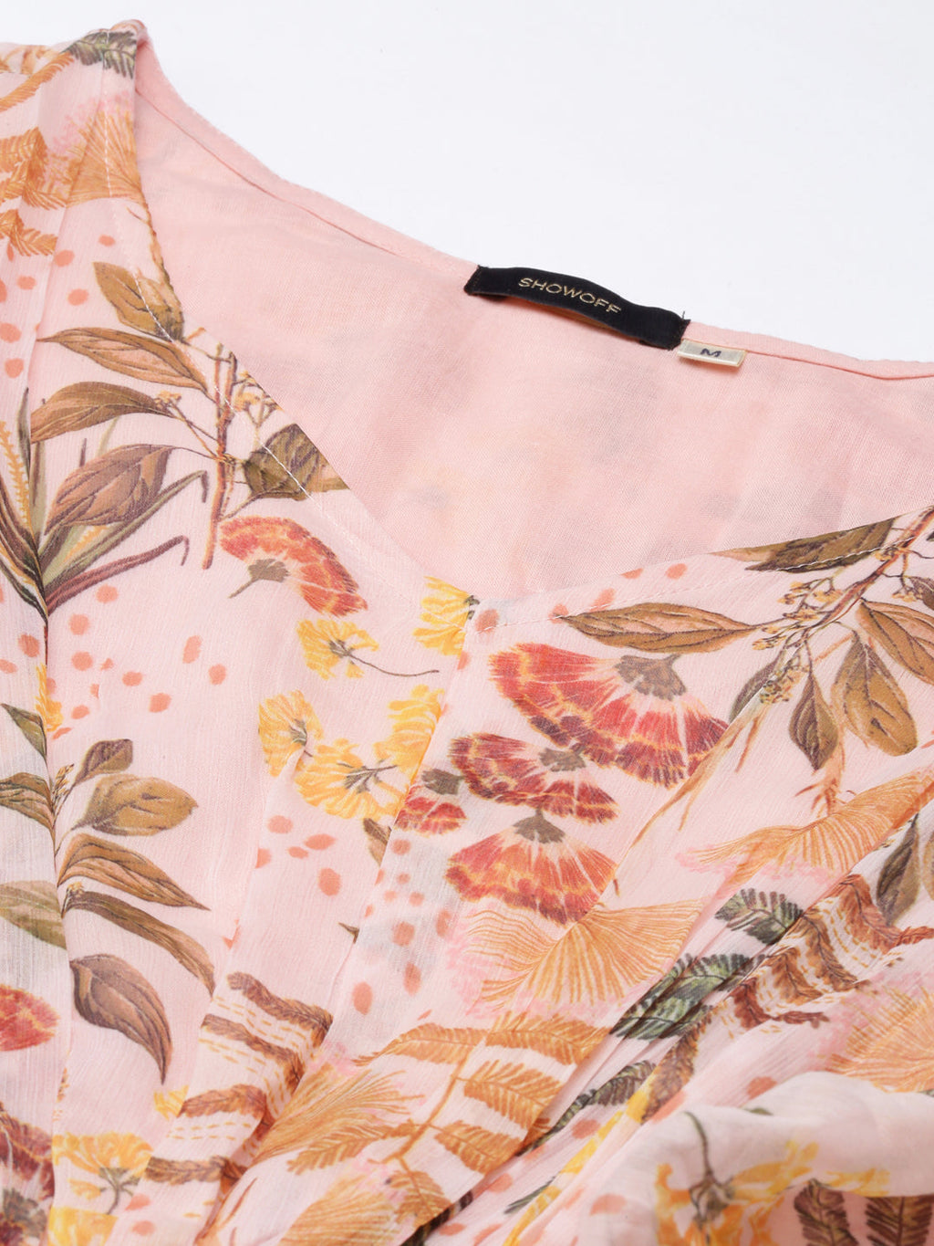Women's Peach Floral Printed Kimono Sleeve V-Neck Belted Chiffon Maxi Dress