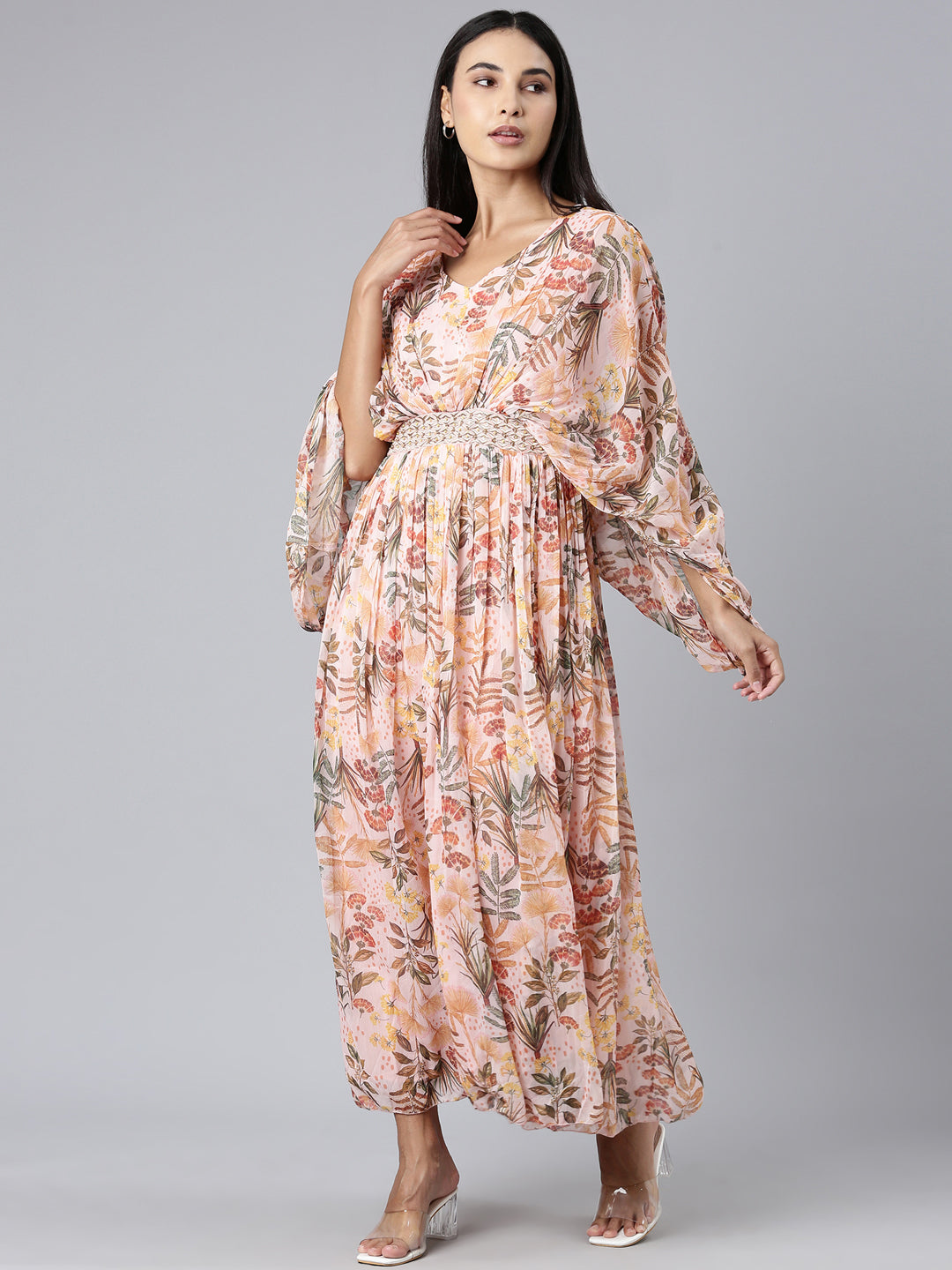 Women's Peach Floral Printed Kimono Sleeve V-Neck Belted Chiffon Maxi Dress