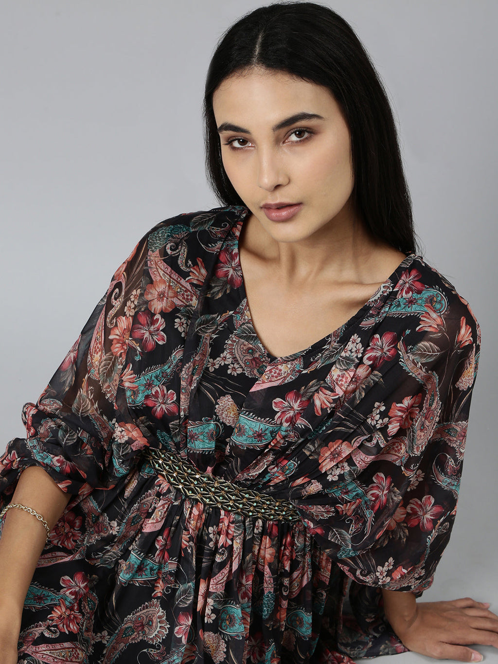 Women's Black Floral Printed Cotton A-Line Dress