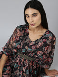 Women's Black Floral Printed Cotton A-Line Dress