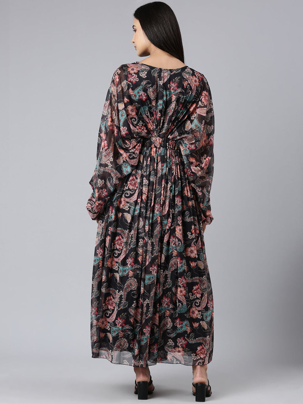 Women's Black Floral Printed Cotton A-Line Dress