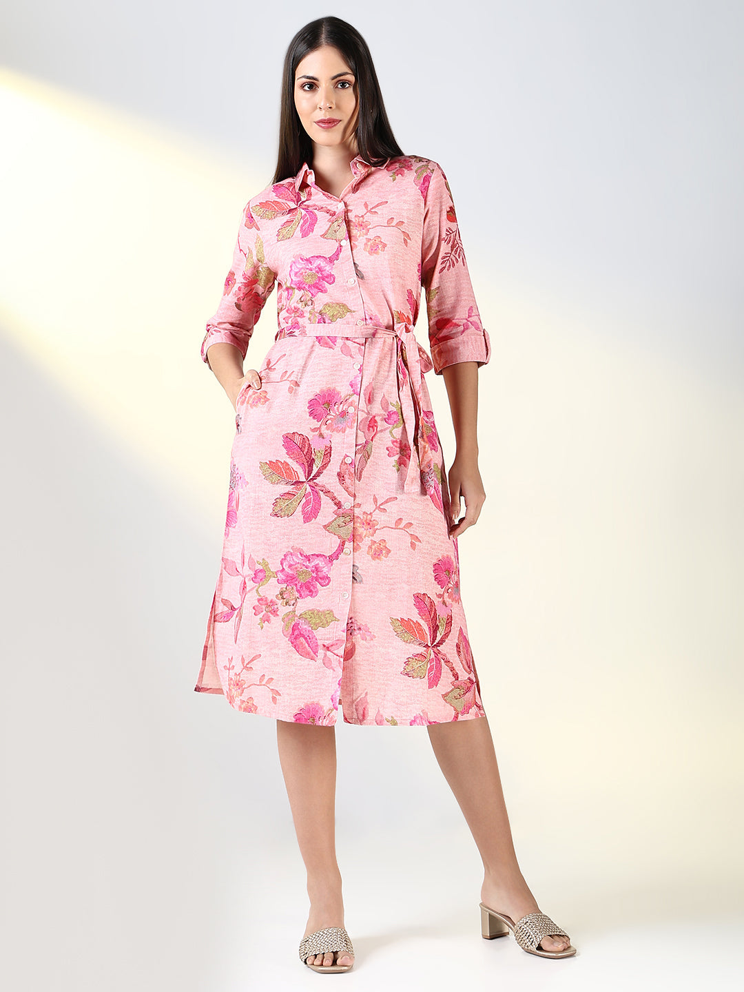Women's Pink Floral A Line Dress with Belt