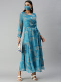 Women's Blue Off White Floral A-Line Kurta