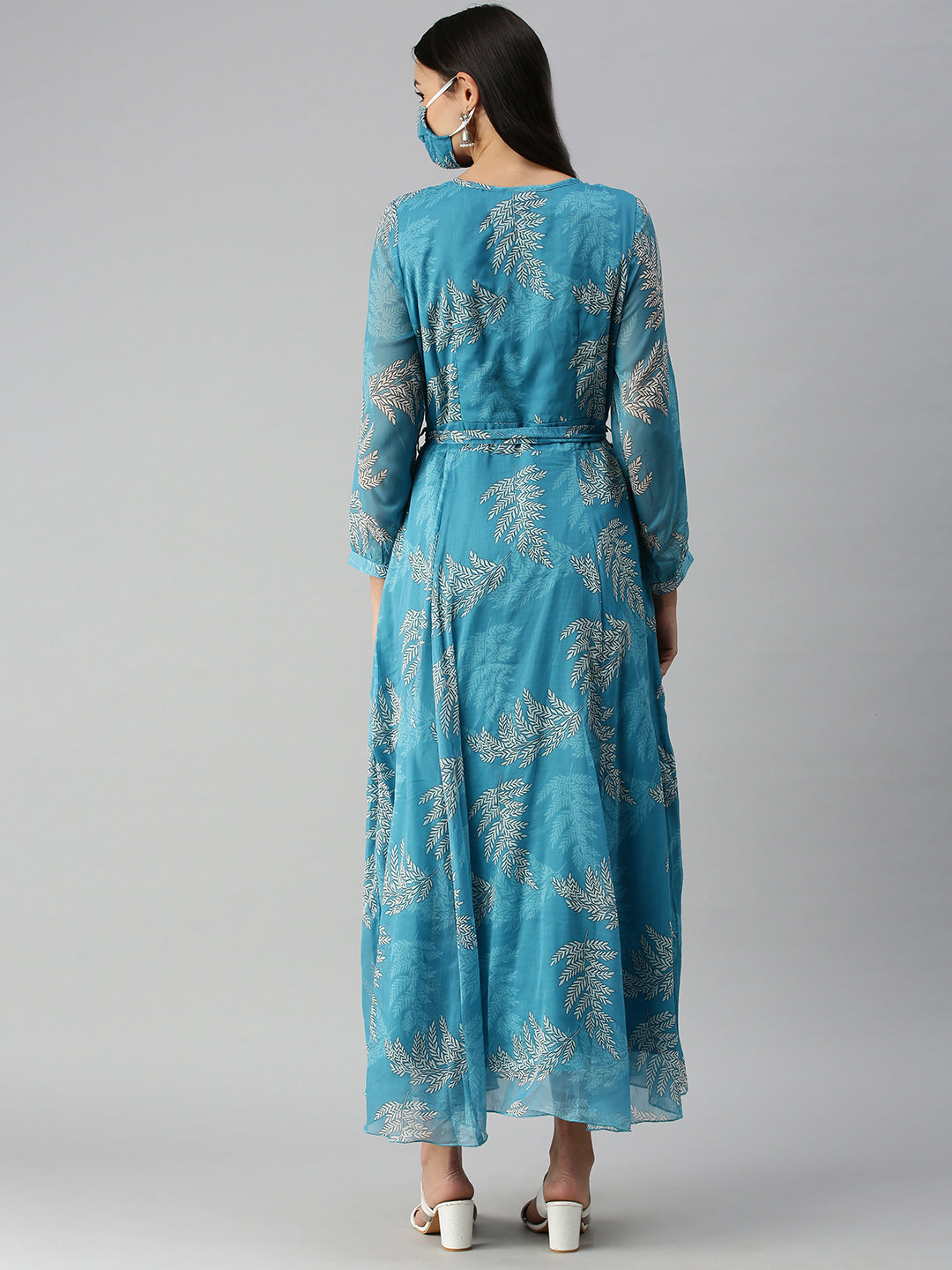 Women's Blue Off White Floral A-Line Kurta