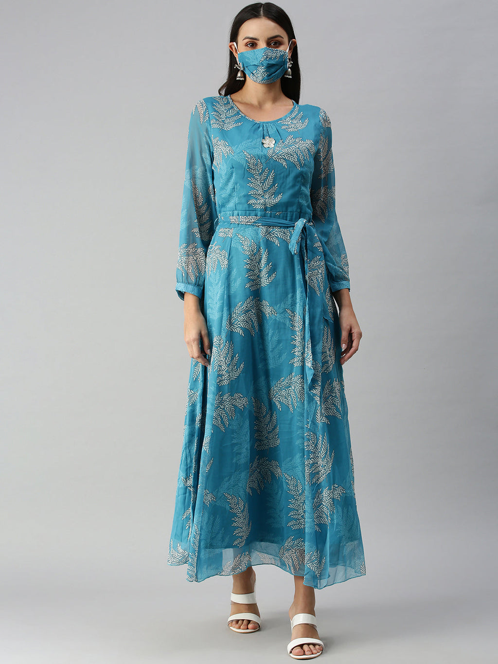 Women's Blue Off White Floral A-Line Kurta