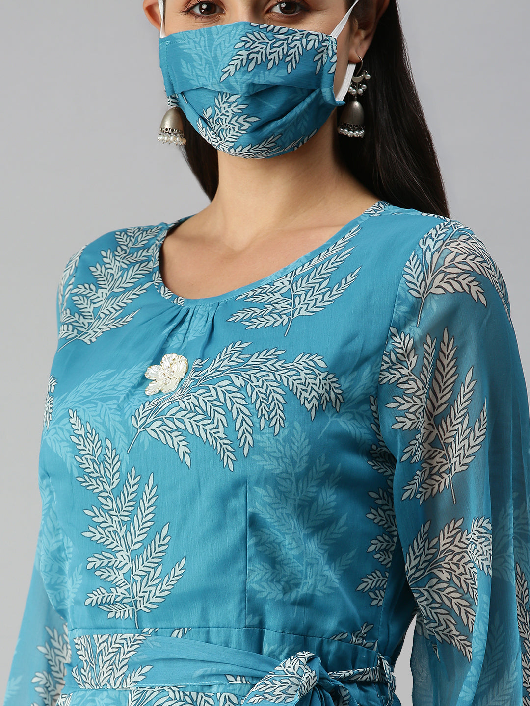 Women's Blue Off White Floral A-Line Kurta