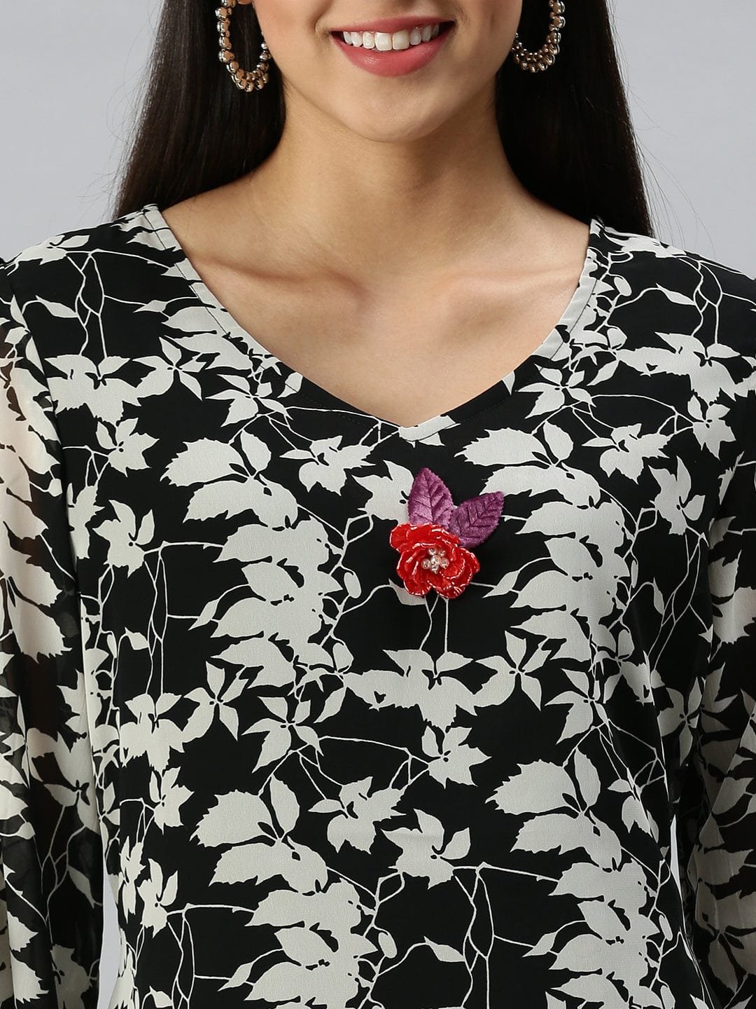 Women's V-Neck Floral Black A-Line Kurta