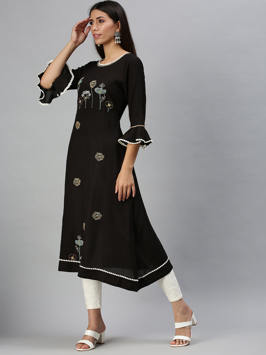 Women's Black Floral Embellished Flared Sleeves A-Line Kurta