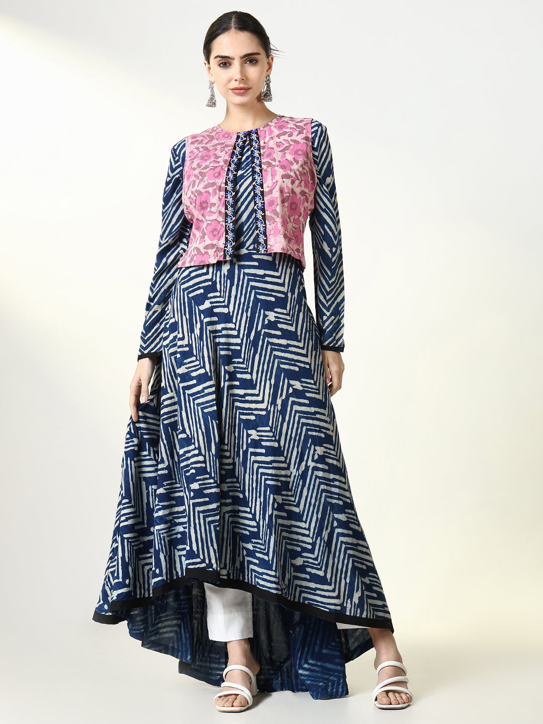 Women's Blue Abstract Anarkali Kurta with Overcoat