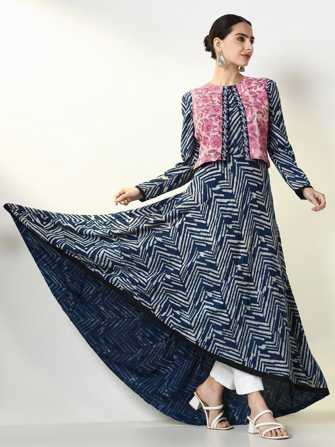 Women's Blue Abstract Anarkali Kurta with Overcoat