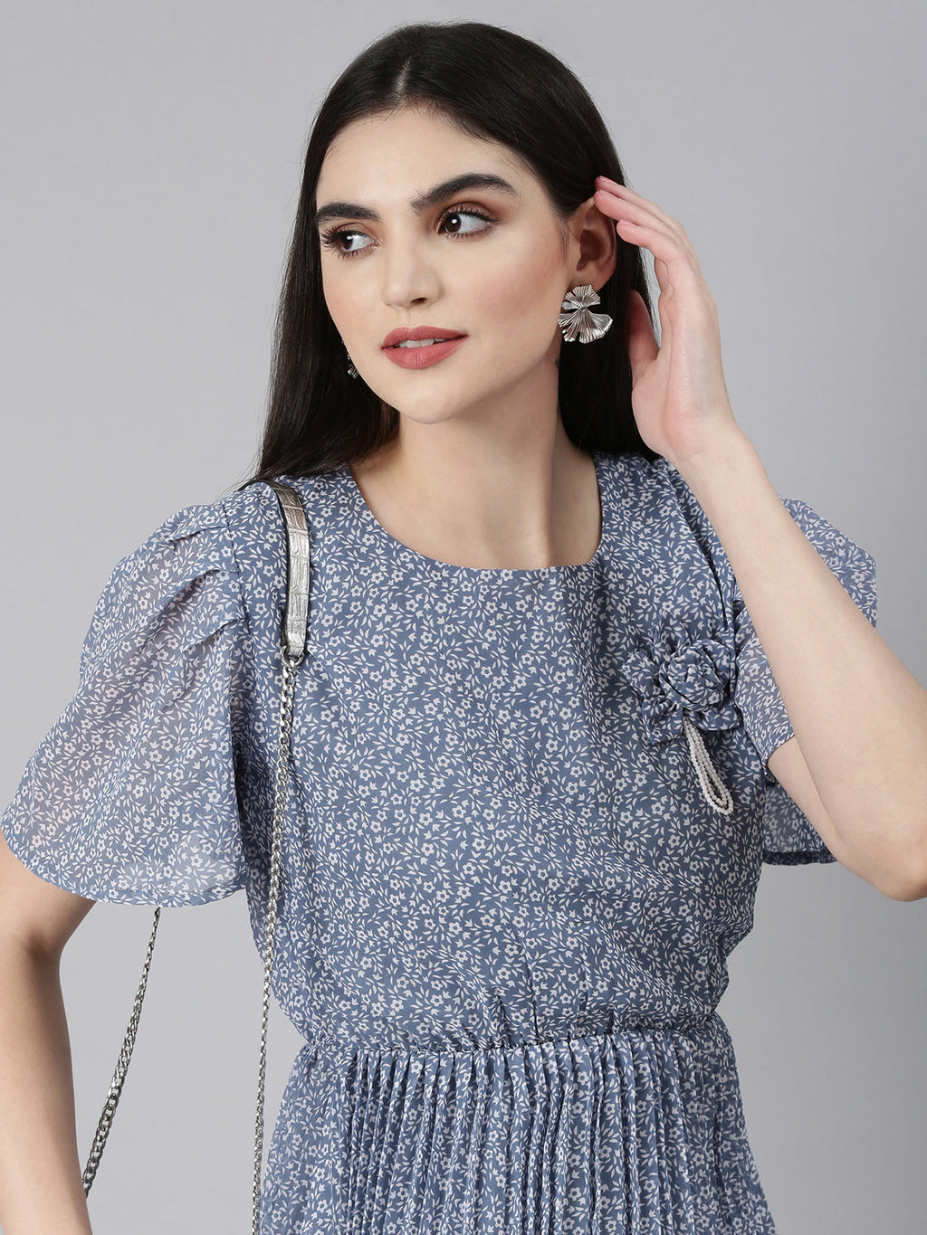 Women's Blue Floral Printed Puff Sleeves Accordion Pleated Georgette Fit & Flare Dress