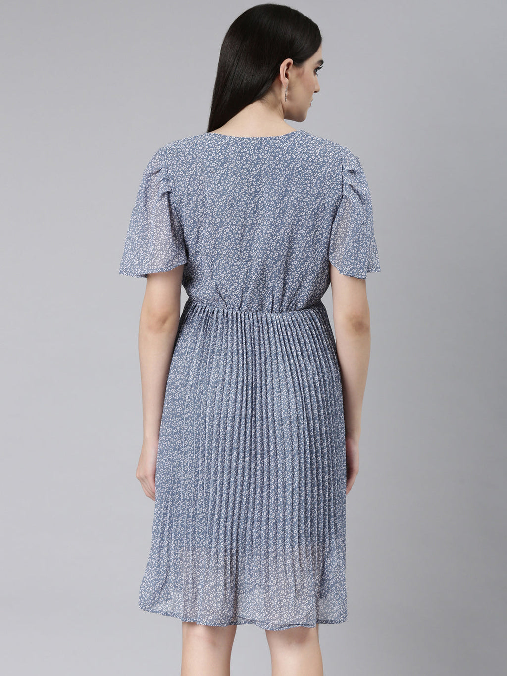 Women's Blue Floral Printed Puff Sleeves Accordion Pleated Georgette Fit & Flare Dress