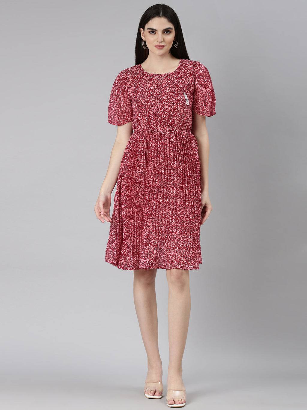 Women's Maroon Floral Printed Flared Sleeves Georgette Fit & Flare Dress
