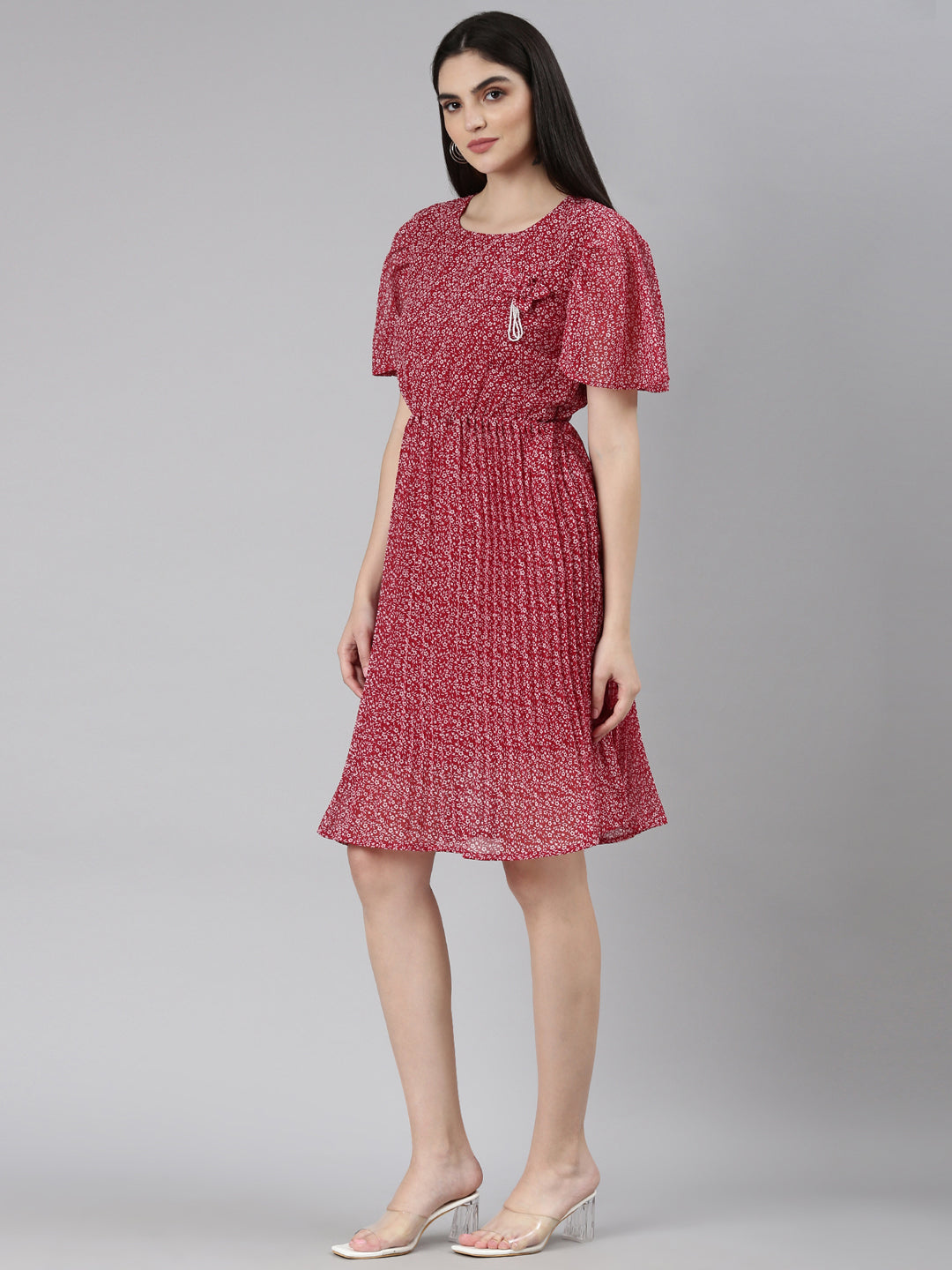 Women's Maroon Floral Printed Flared Sleeves Georgette Fit & Flare Dress
