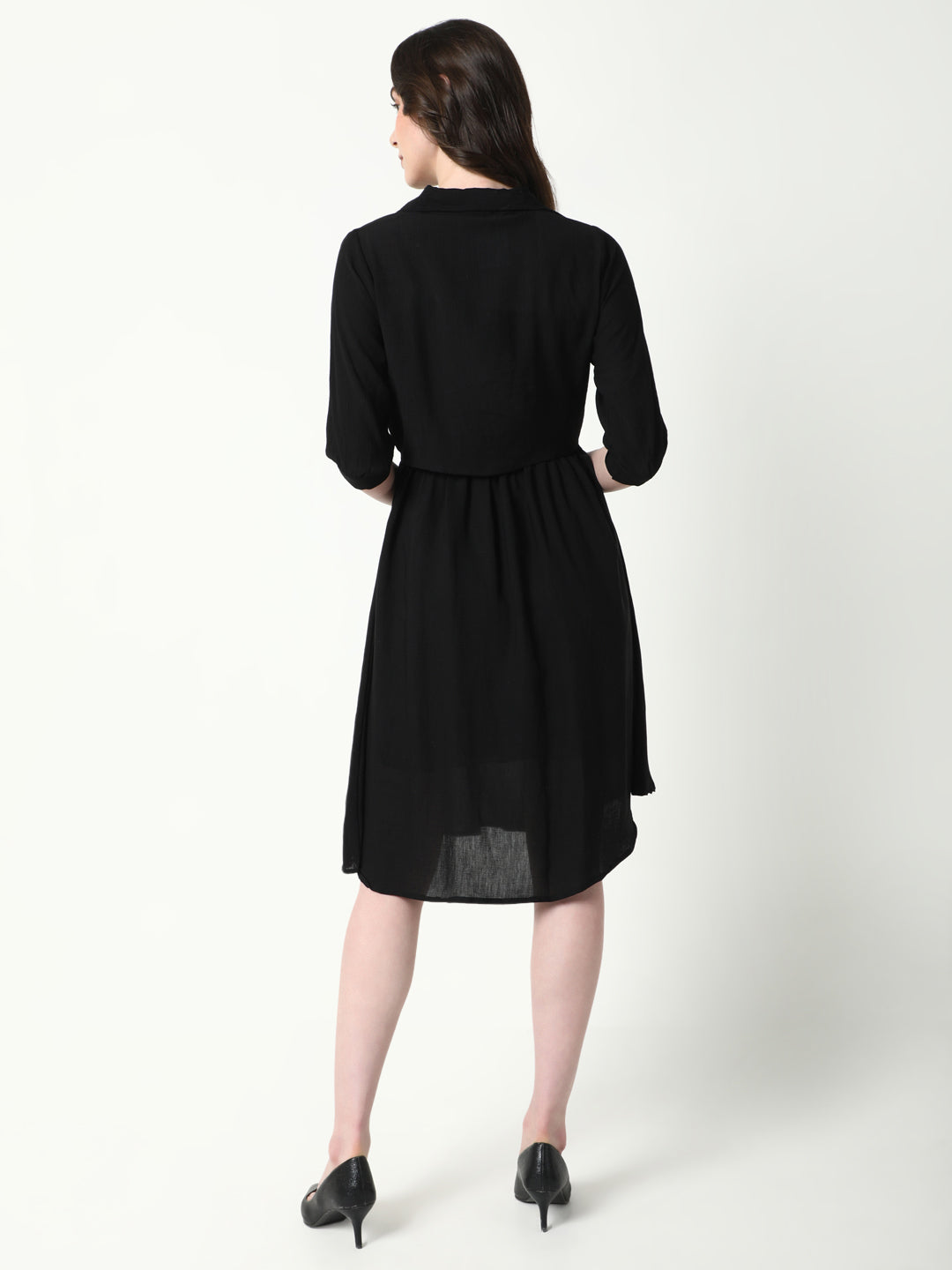 Women's Solid Black Flared Dress with shrug