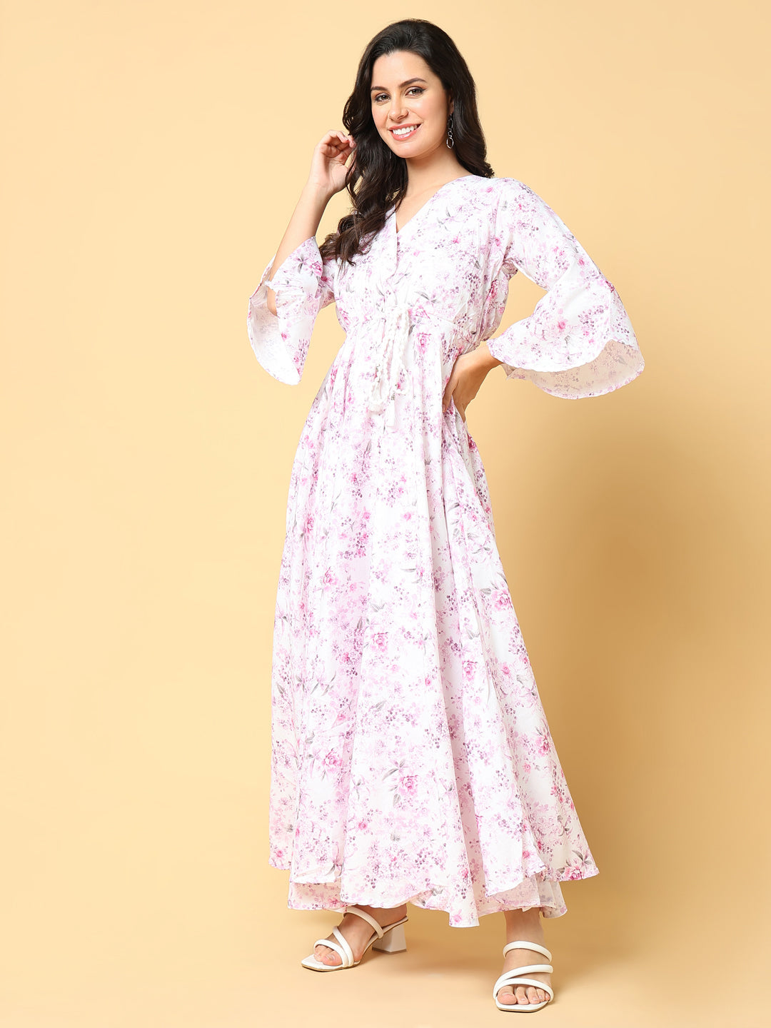 Women's Pink Floral Printed Bell Sleeve Fit & Flare Maxi Dress