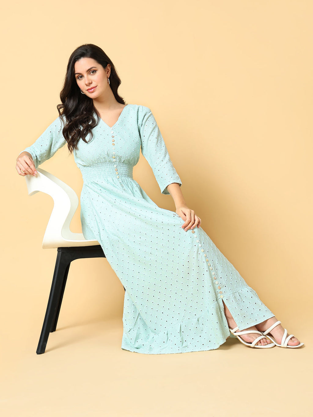 Women's Sea Green Self Design Fit & Flare Maxi Dress