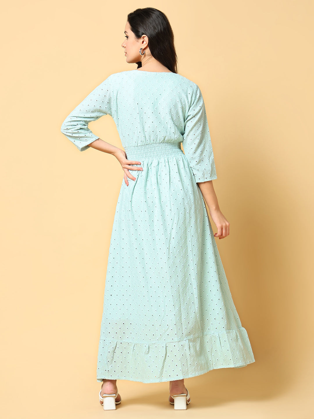 Women's Sea Green Self Design Fit & Flare Maxi Dress