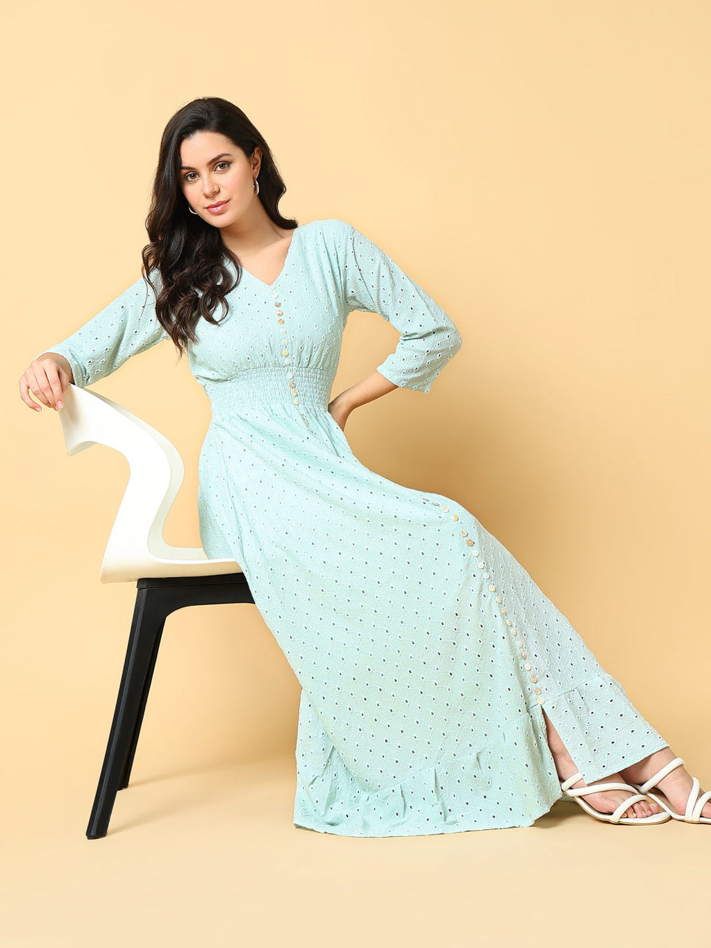 Women's Sea Green Self Design Fit & Flare Maxi Dress