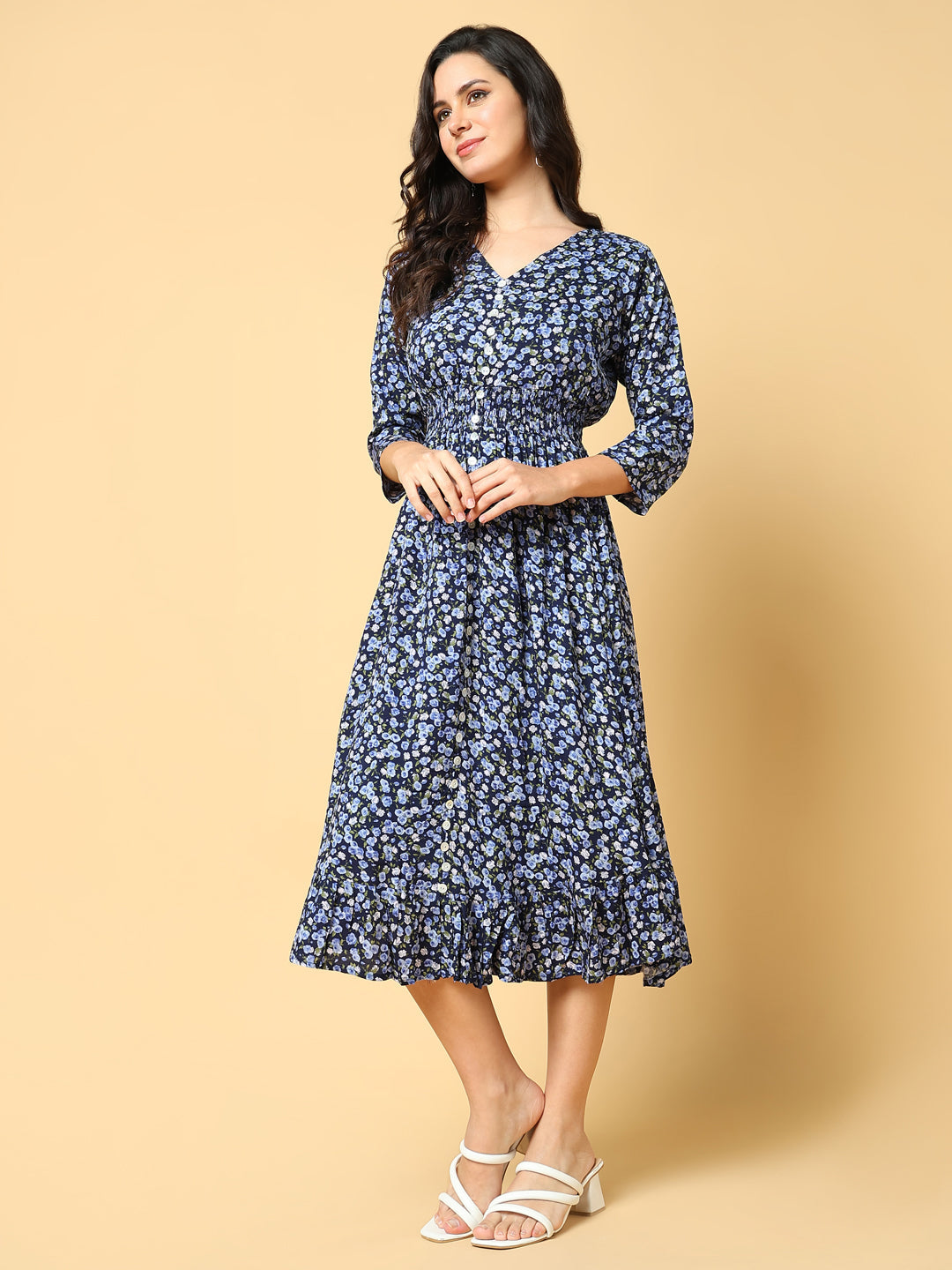 Women's Navy Blue Floral Printed V-neck Fit & Flare Midi Dress