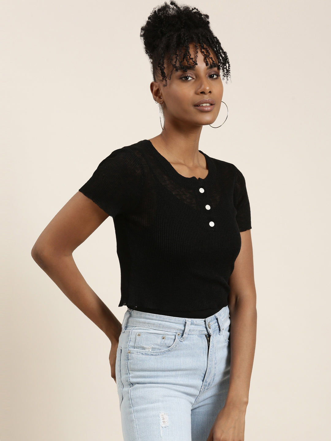 Women's Black Round Neck Cotton Crop Top