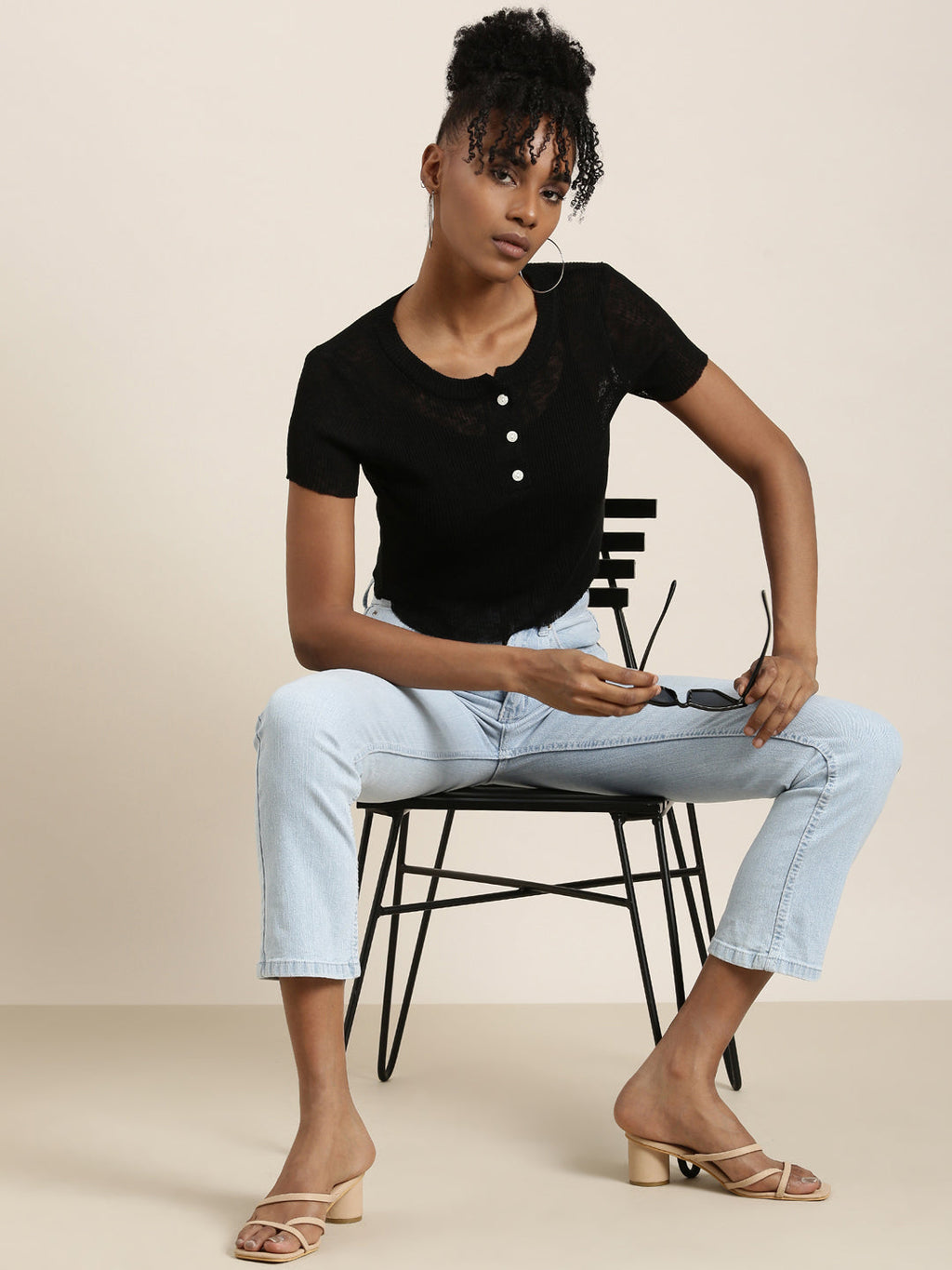 Women's Black Round Neck Cotton Crop Top