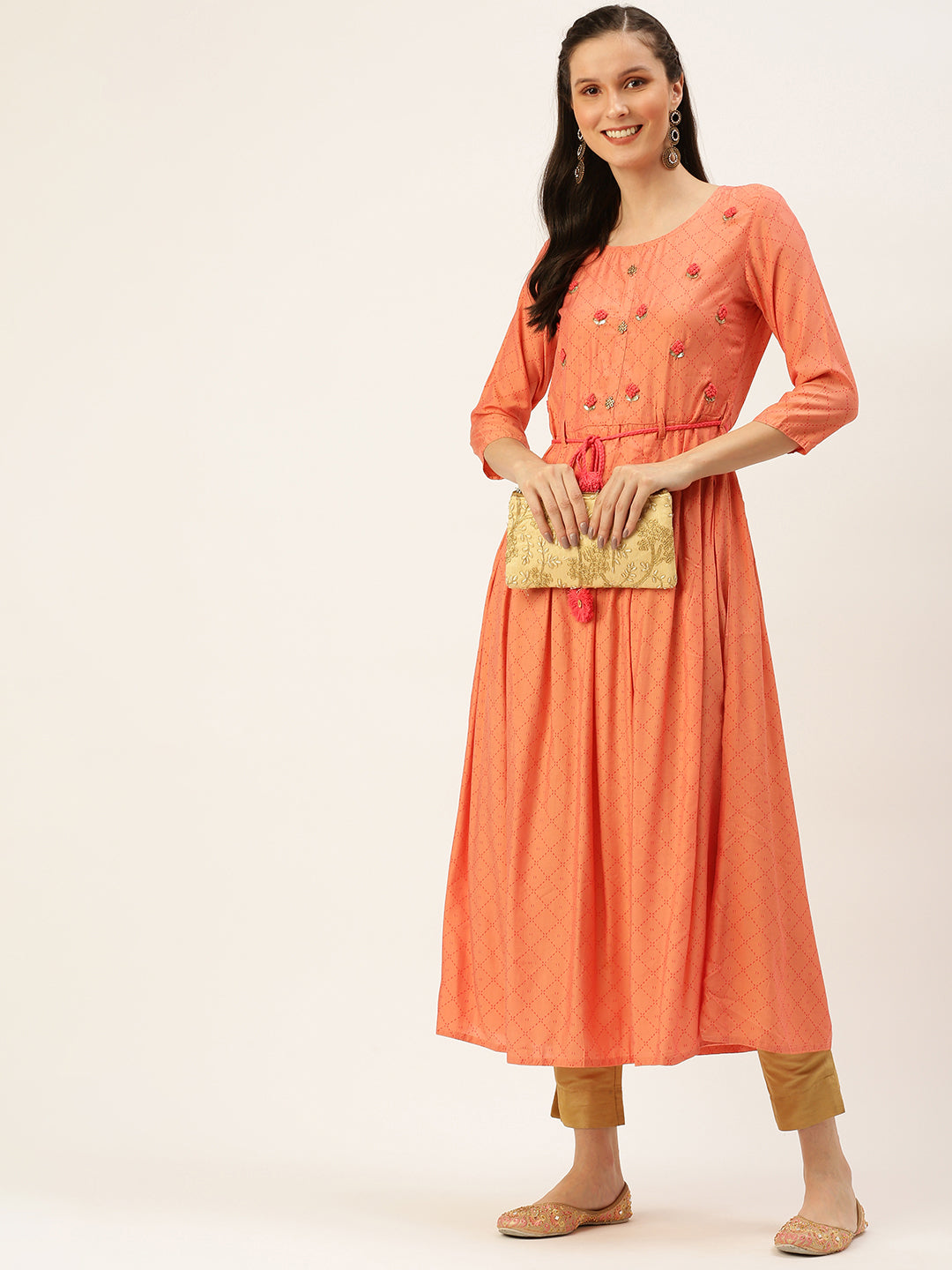 Women's Peach Embroidered Thread Work A-Line Kurta