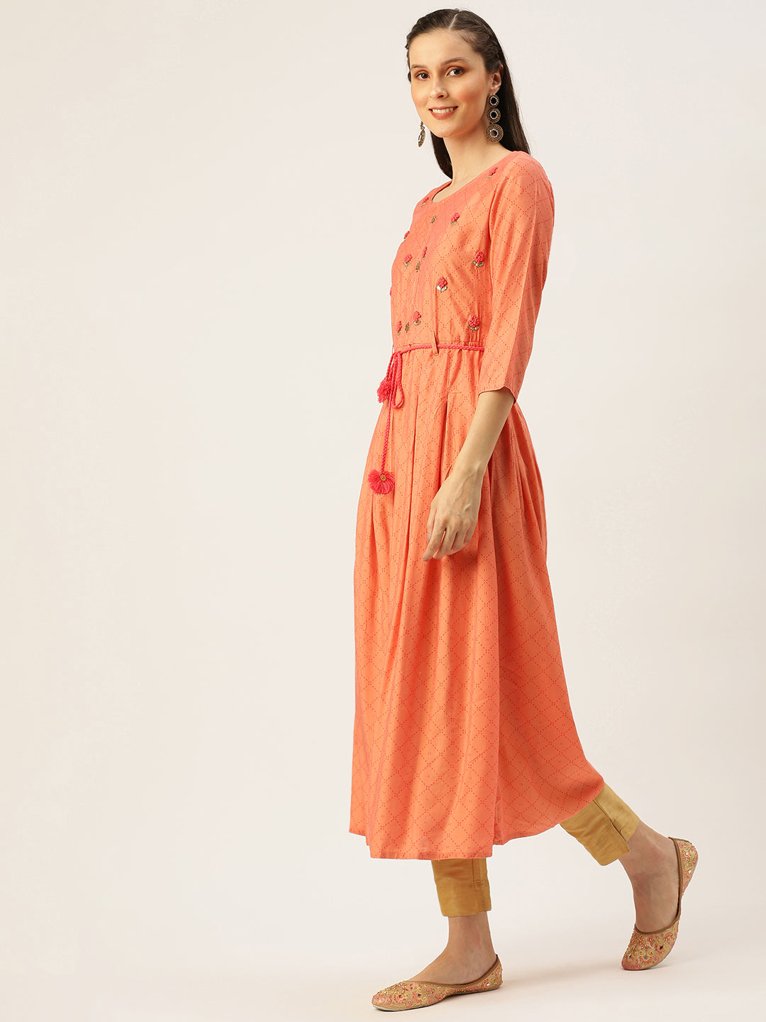 Women's Peach Embroidered Thread Work A-Line Kurta
