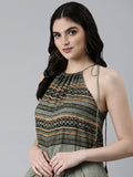 Women's Green Tribal Printed Halter Neck Pleated Fit & Flare Dress