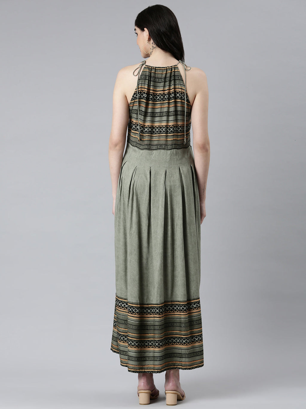 Women's Green Tribal Printed Halter Neck Pleated Fit & Flare Dress