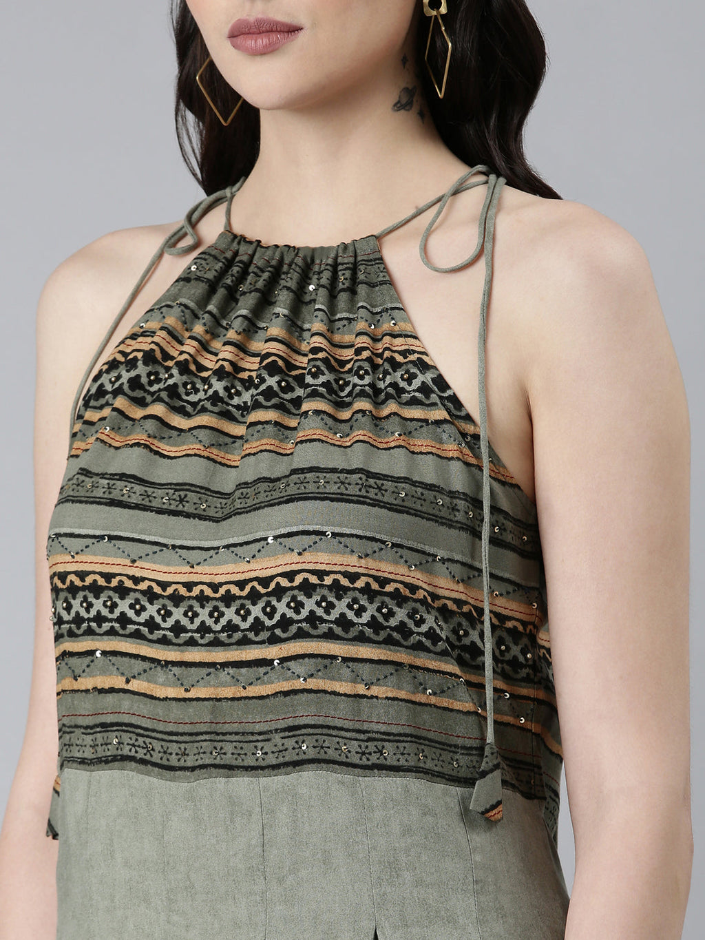 Women's Green Tribal Printed Halter Neck Pleated Fit & Flare Dress
