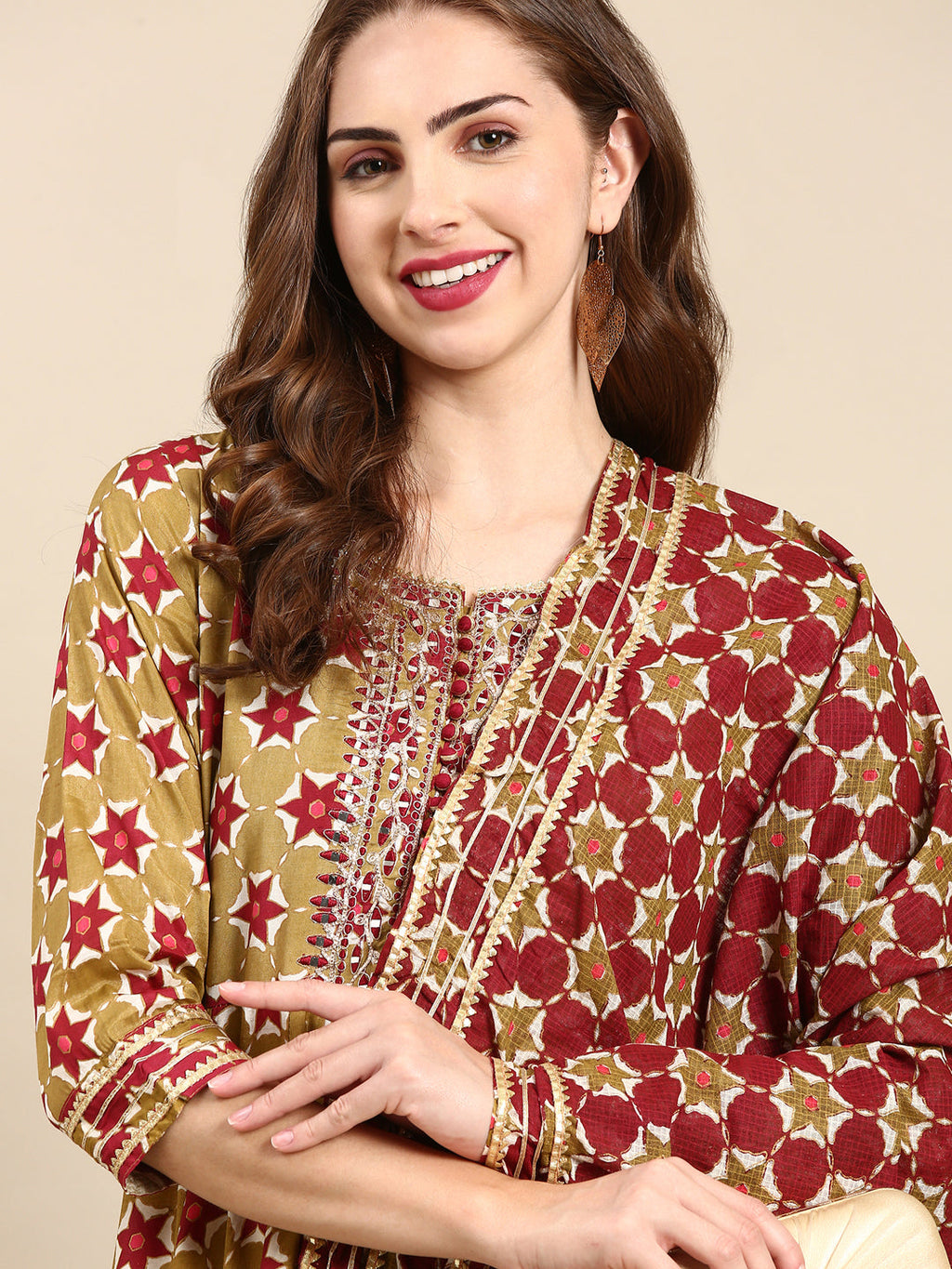 Women's Olive Ethnic Motifs Printed Embellished Anarkali Kurta