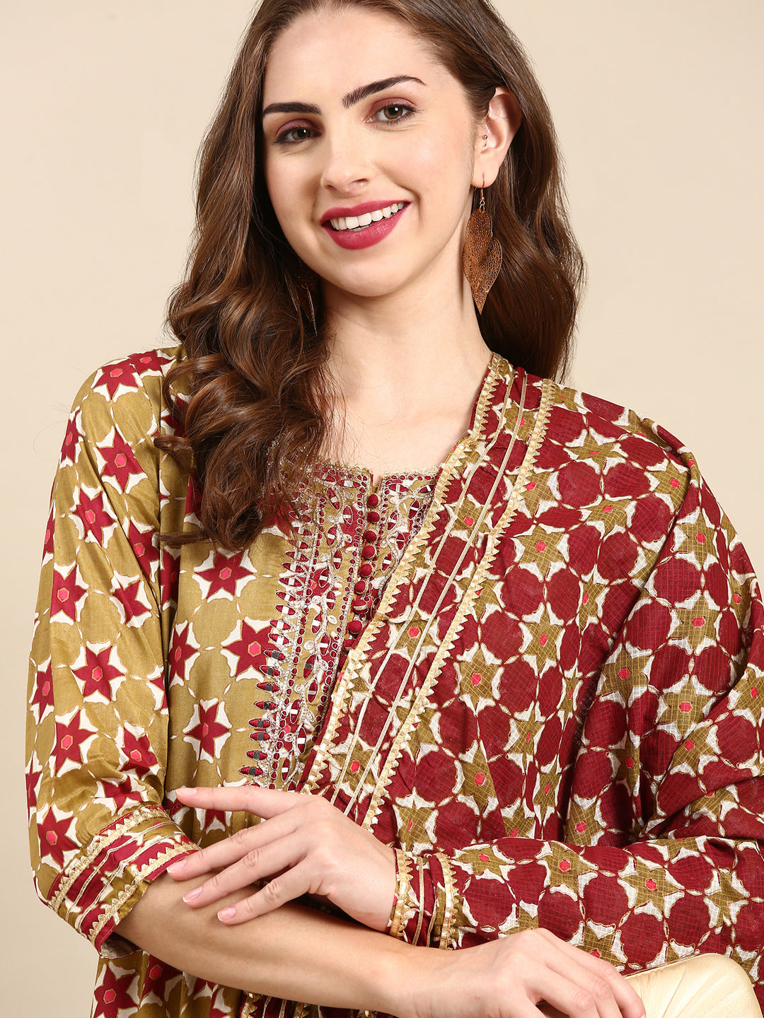 Women's Olive Ethnic Motifs Printed Embellished Anarkali Kurta