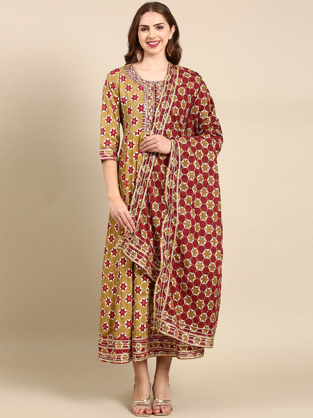 Women's Olive Ethnic Motifs Printed Embellished Anarkali Kurta