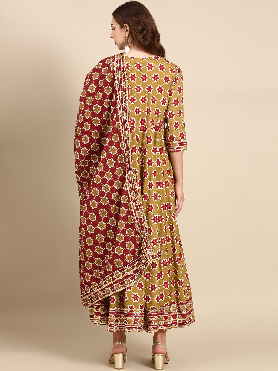 Women's Olive Ethnic Motifs Printed Embellished Anarkali Kurta