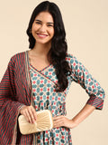 Women's Teal Floral Striped Flared Sleeves Floral Chanderi Silk Anarkali Kurta