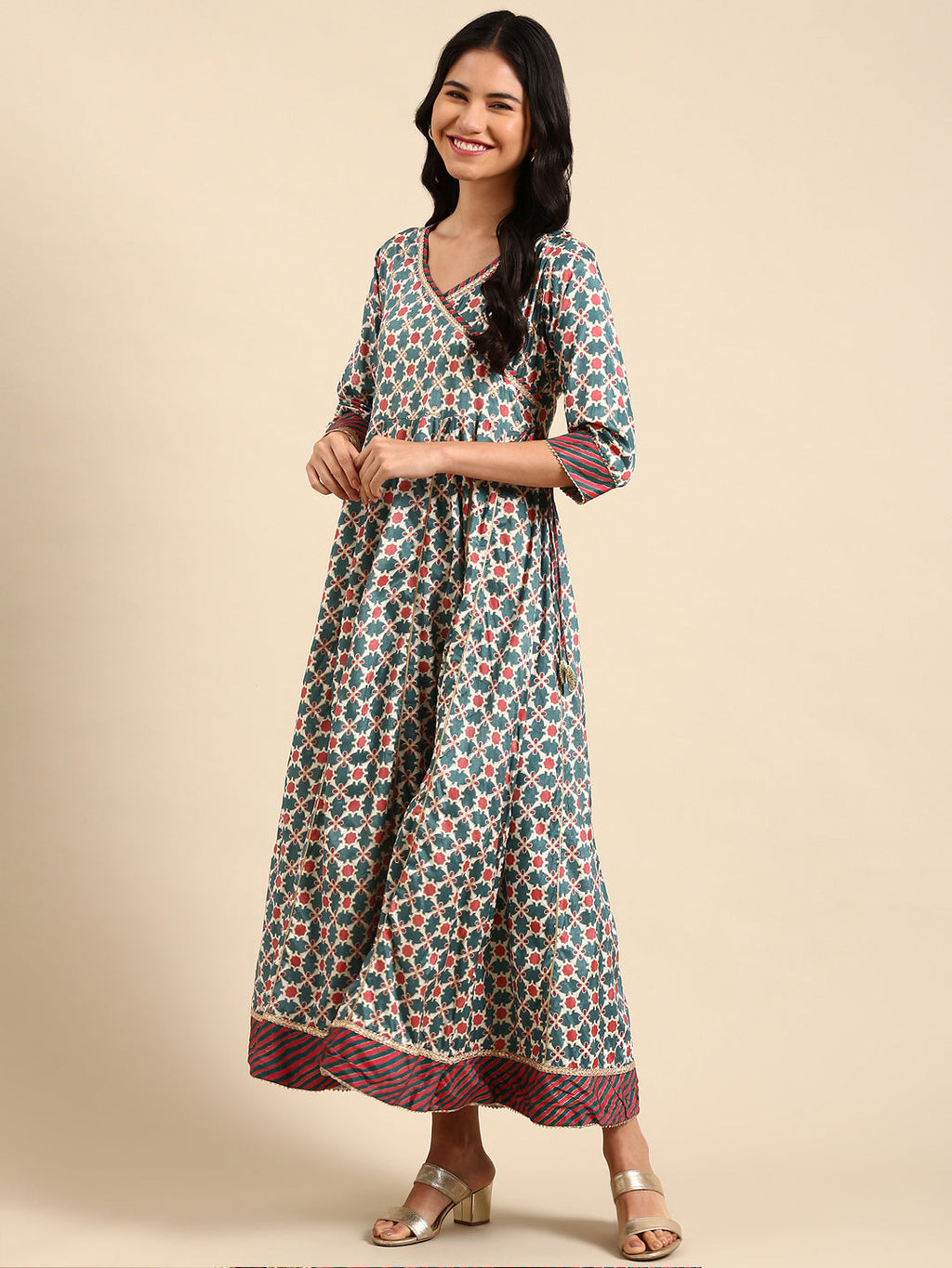 Women's Teal Floral Striped Flared Sleeves Floral Chanderi Silk Anarkali Kurta