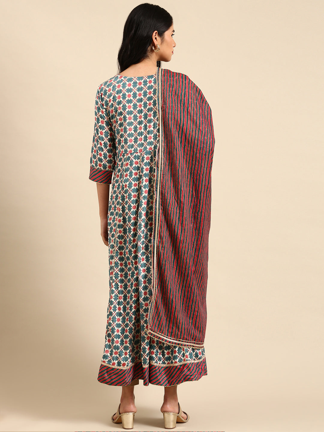 Women's Teal Floral Striped Flared Sleeves Floral Chanderi Silk Anarkali Kurta