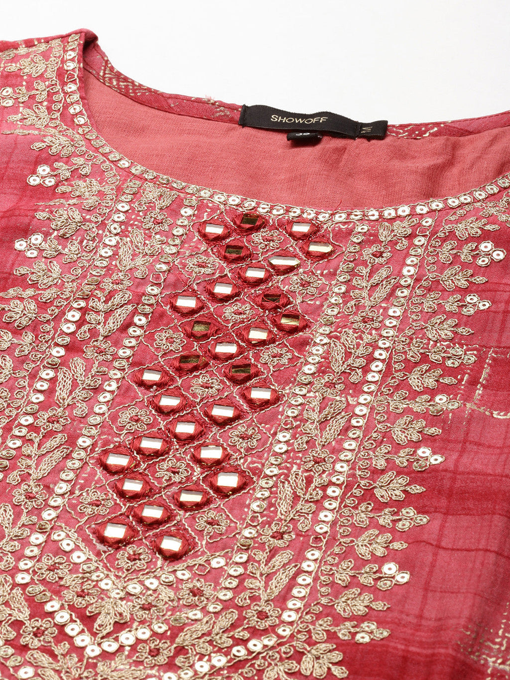 Women's Coral Ethnic Motifs Mirror Work Straight Kurta