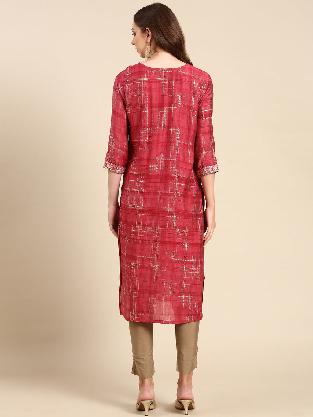 Women's Coral Ethnic Motifs Mirror Work Straight Kurta