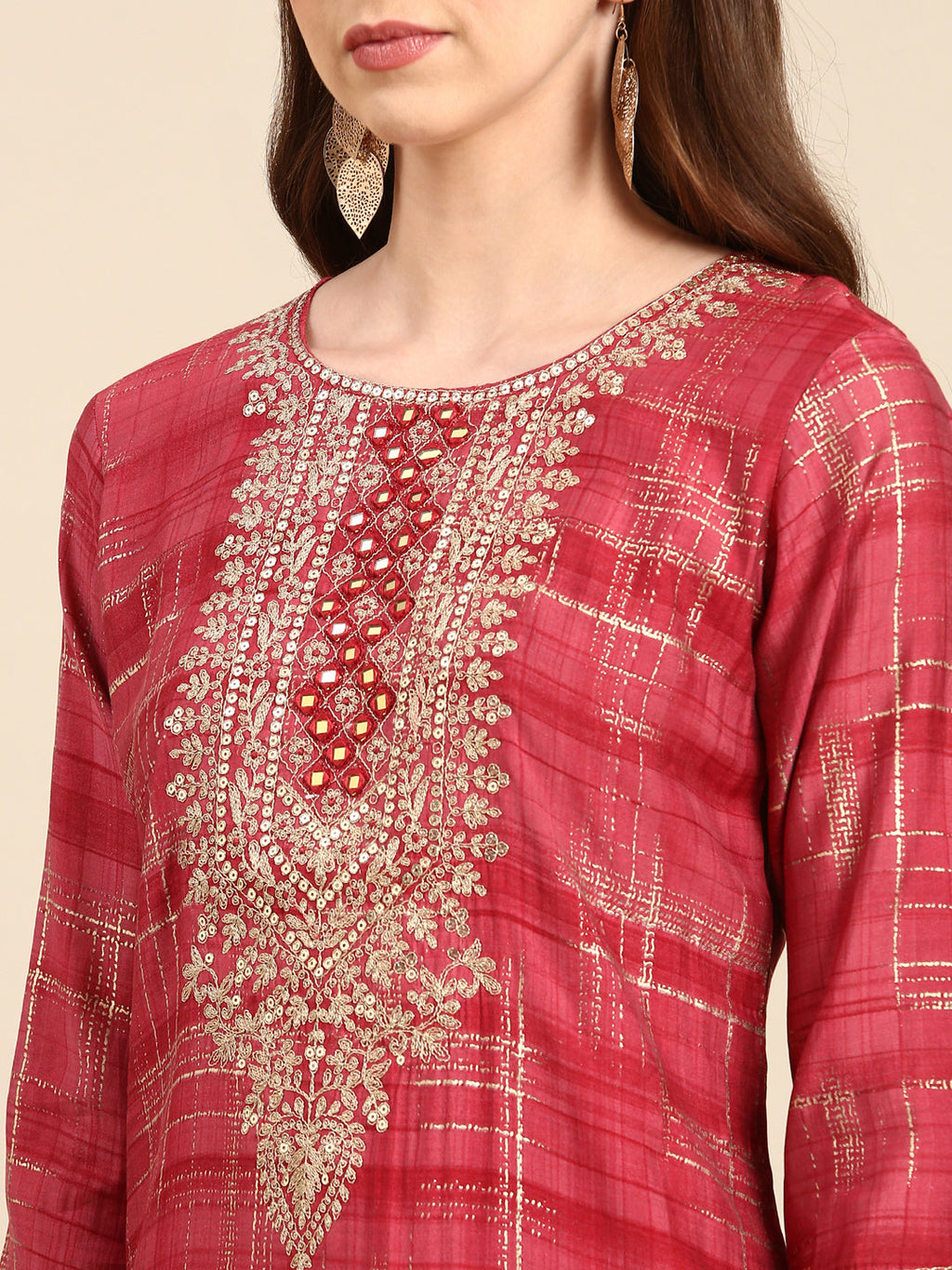 Women's Coral Ethnic Motifs Mirror Work Straight Kurta