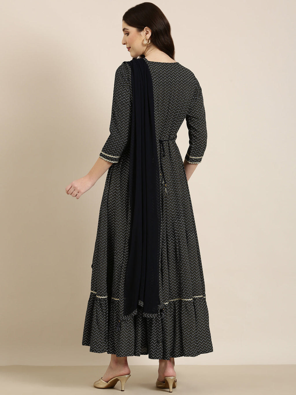 Women's Navy Blue Chevron Printed Sequinned Anarkali Kurta With Dupatta